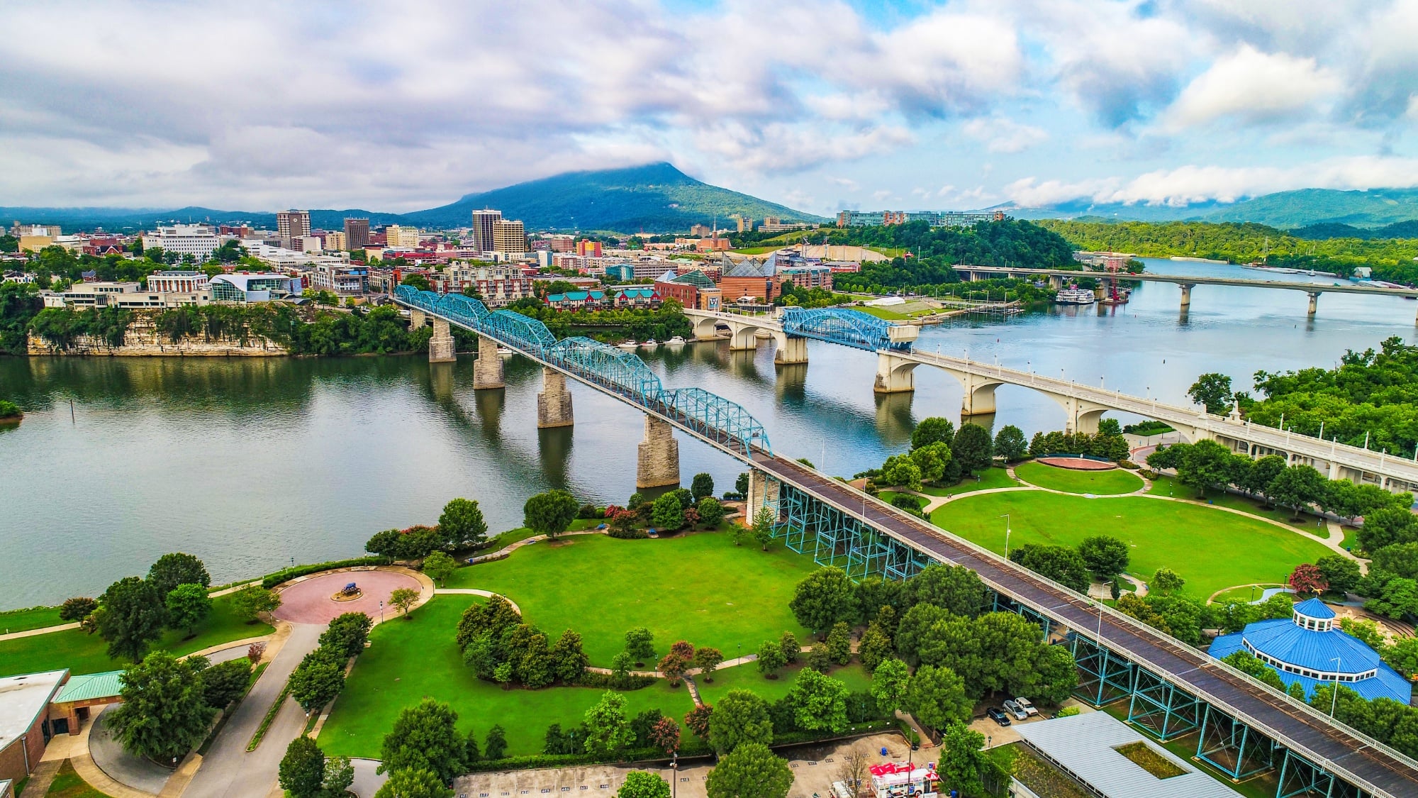 Drone Aerial of Downtown Chattanooga TN Skyline, Coolidge Park and Market Street Bridge. (1)