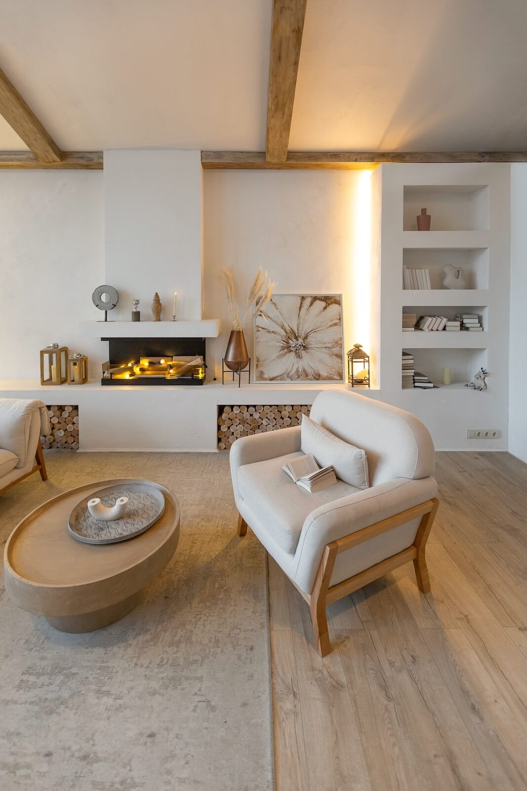 cozy warm home interior of a chic country house with an open plan, wood finishes, warm colors and a family hearth. view of the recreation area for family and guests(1)