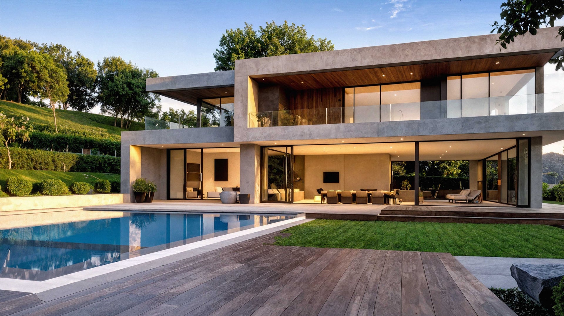 Modern-house-with-glass-facade,-wooden-deck,-pool,-and-sleek-minimalist-design,-surrounded-by-greenery-and-featuring-a-stylish,-contemporary-patio-area-for-outdoor-living.