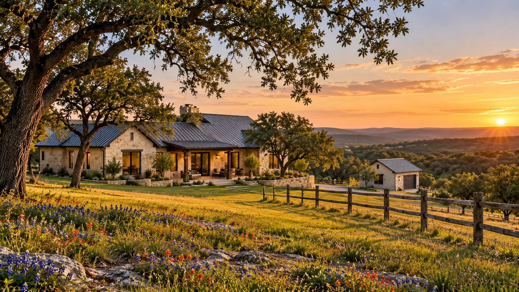 Hill Country home on acreage with live oaks and rolling hills at sunset in Dripping Springs, Texas