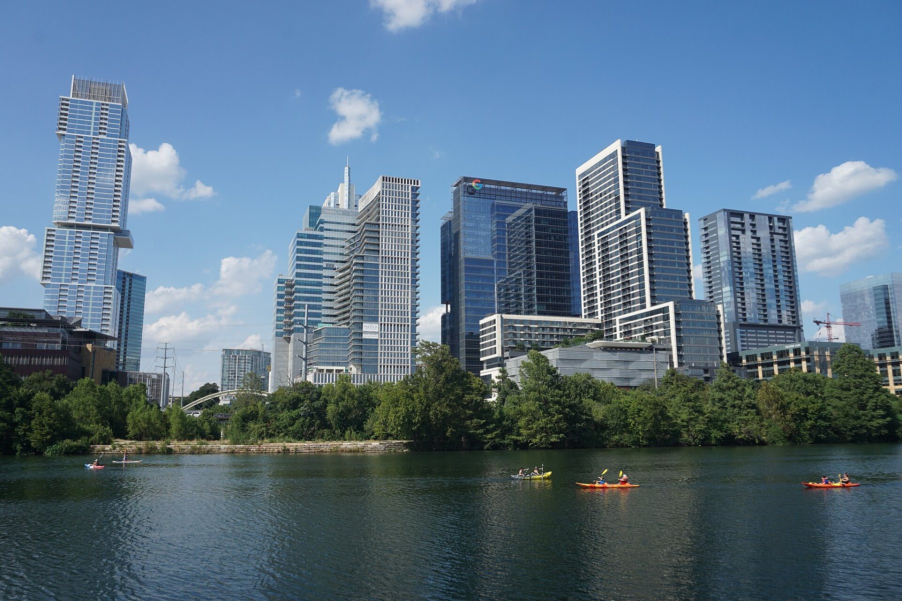Austin skyline and Lady Bird Lake with kayakers