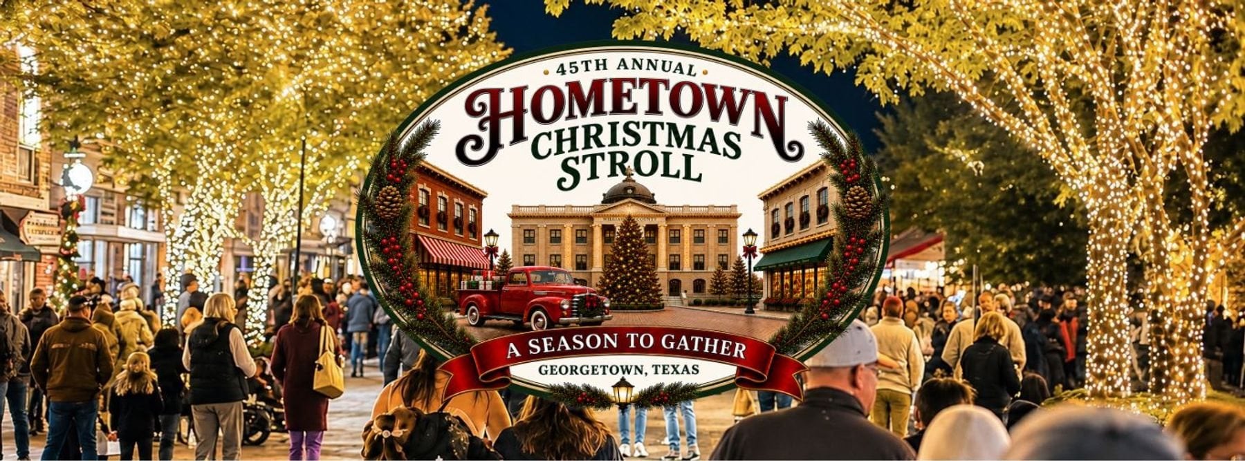 Lighted Georgetown courthouse square for the 45th Annual Christmas Stroll