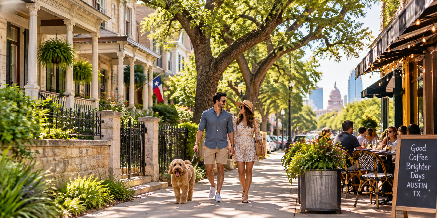 Couple walking a dog past historic homes and a sidewalk café on a walkable Austin street with the downtown skyline behind them