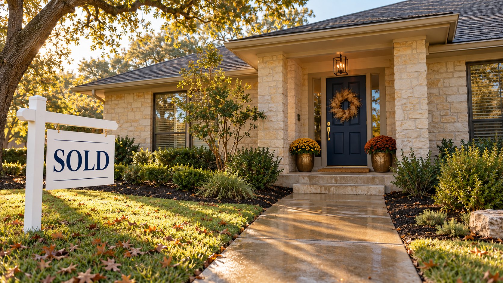 Sold sign in front of a freshly prepared limestone ranch home with a navy front door and fall mums in Austin, Texas