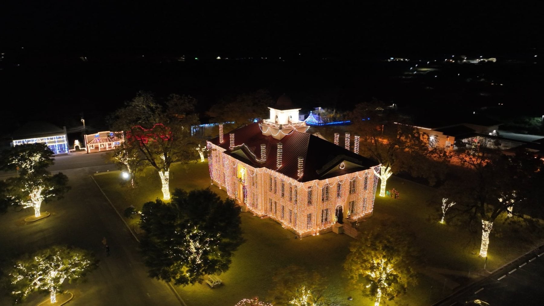 Aerial view of the Lights Spectacular at the Blanco County Courthouse in Johnson City, Texas