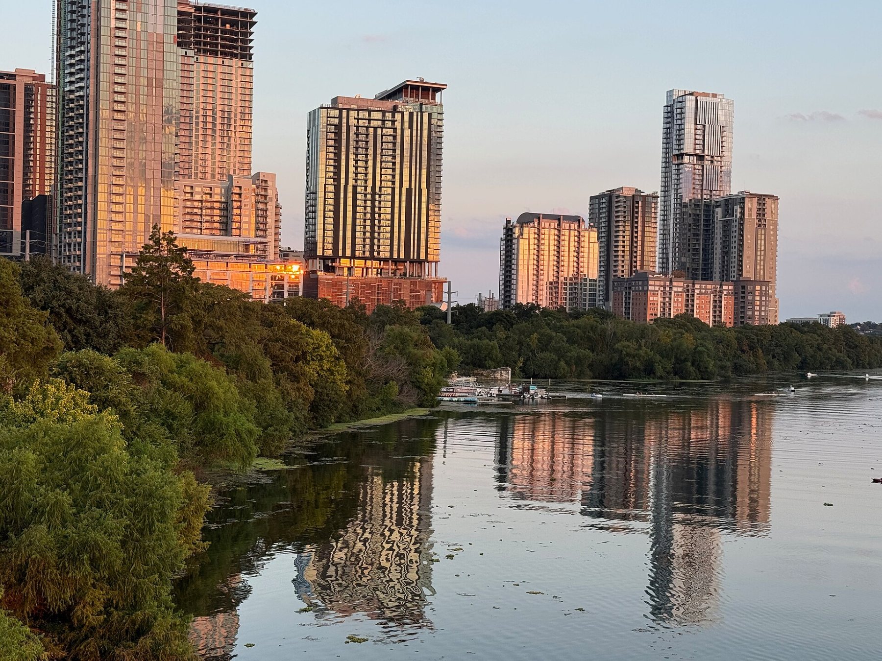 Rainey Street high-rises along Lady Bird Lake in downtown Austin