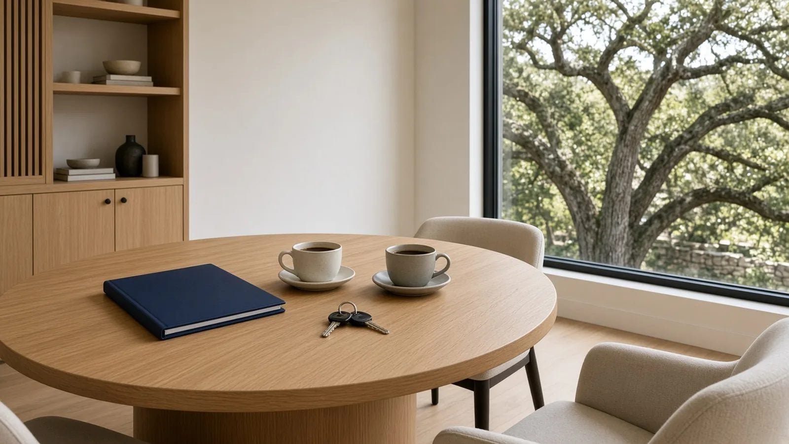 Client consultation table with coffee, folder and house keys at Byrne Real Estate Group in Austin TX