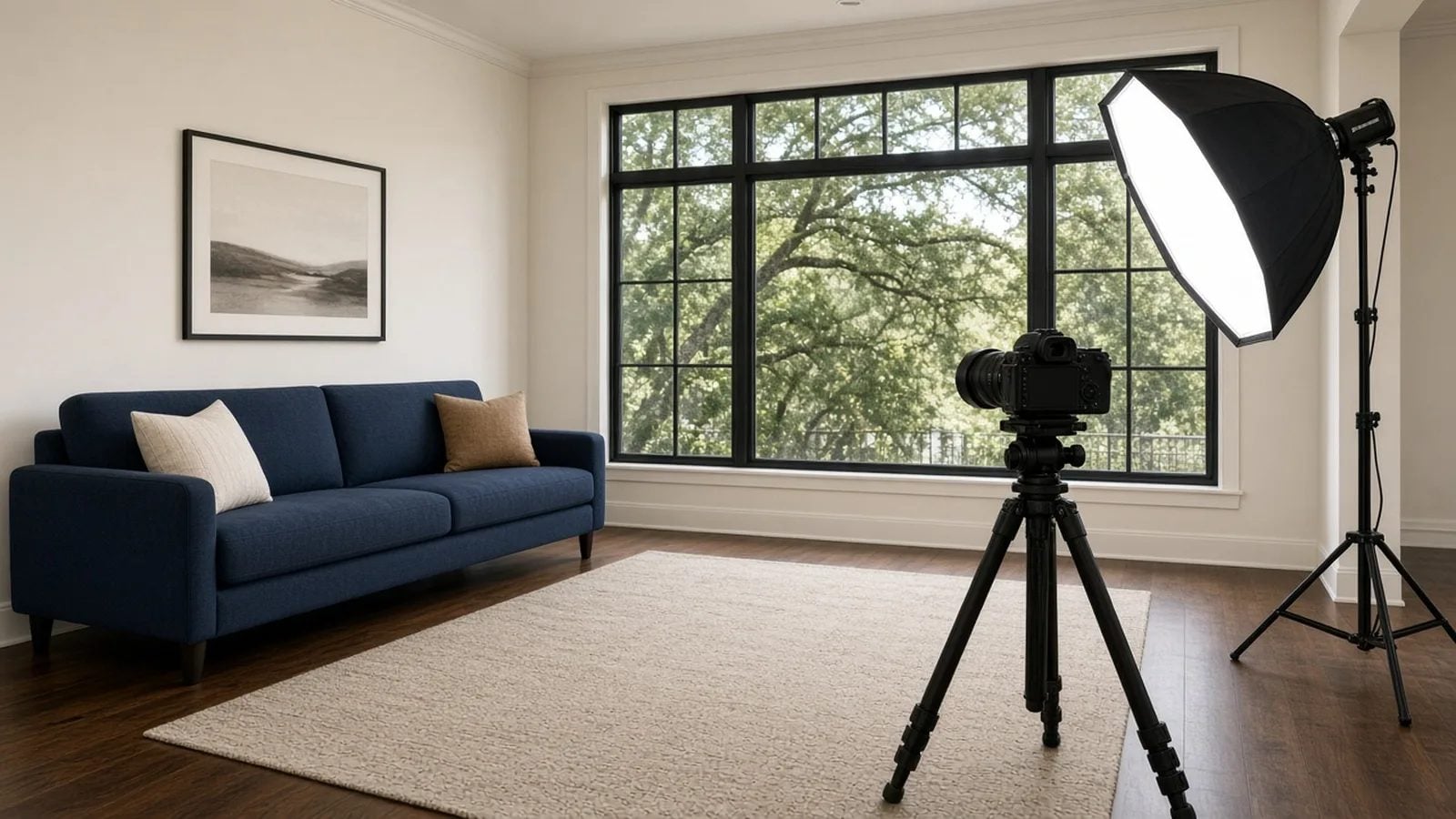 Professional listing photography setup in a staged Austin TX living room