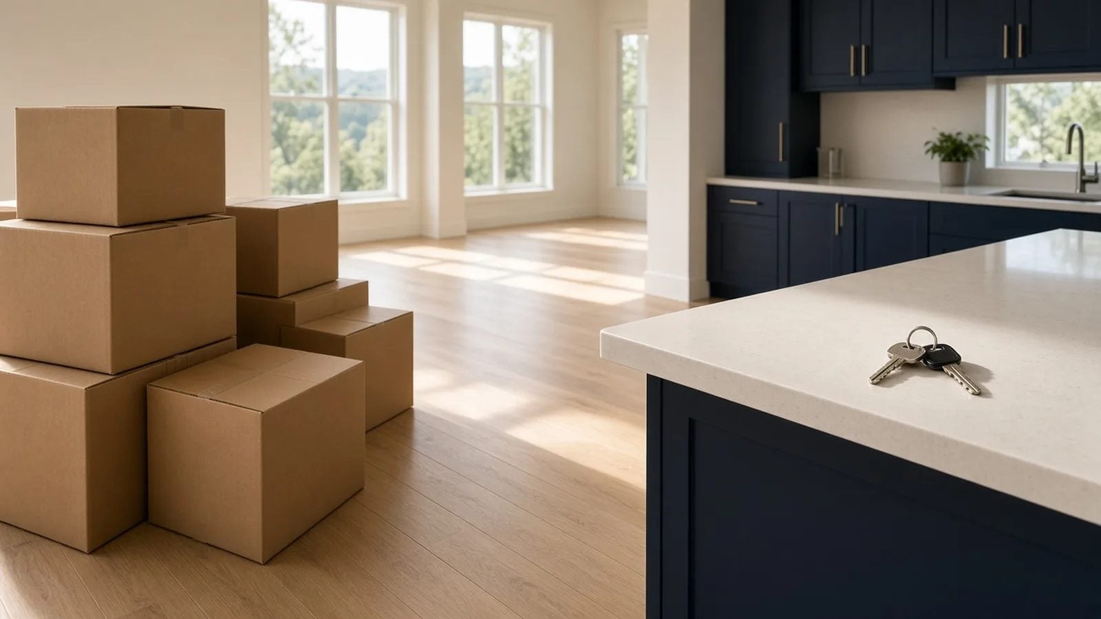 Moving boxes and house keys in an Austin TX home on moving day after closing with Byrne Real Estate Group