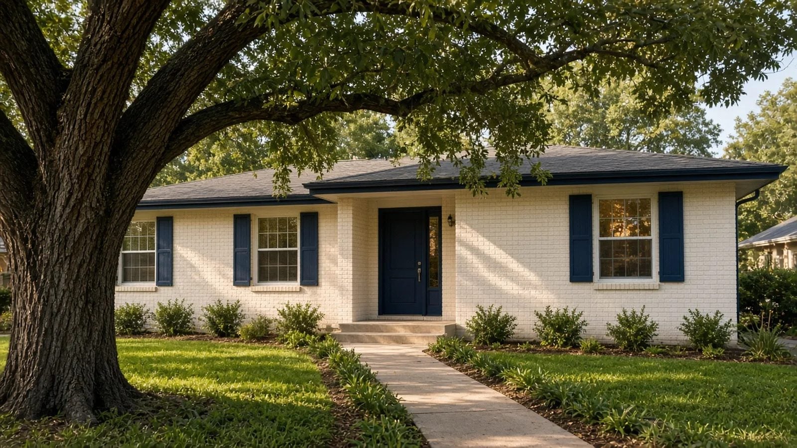Cash Offer Austin TX Home Exterior Austin TX single-family home with a live oak, ready for a cash offer or listing