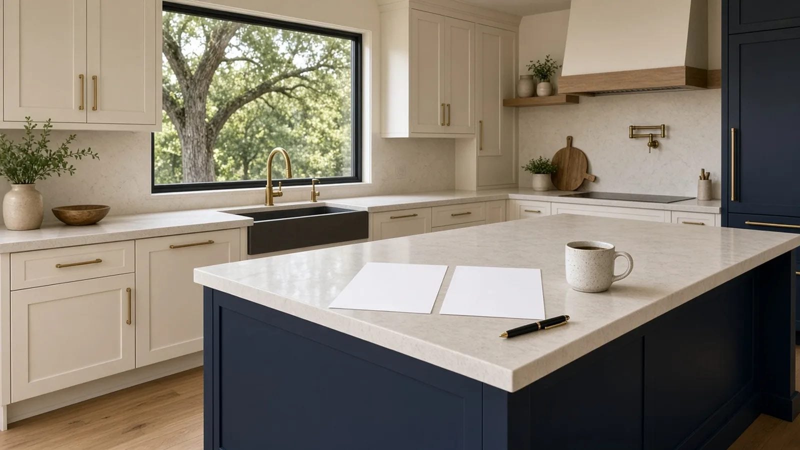 Cash Offer Vs Listing Austin TX Comparison Comparing a cash offer and a traditional listing at a kitchen island in an Austin TX home