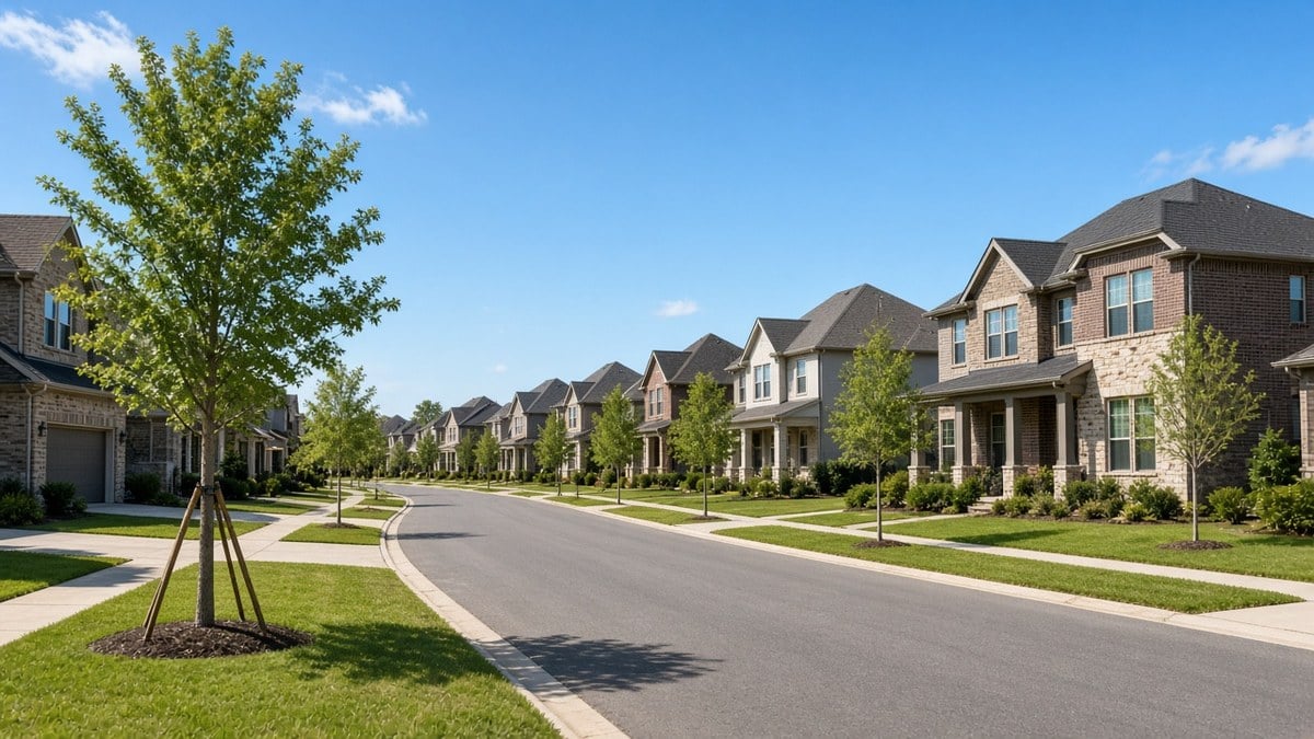 Modern suburban homes and sidewalks in Cedar Park Texas near Austin
