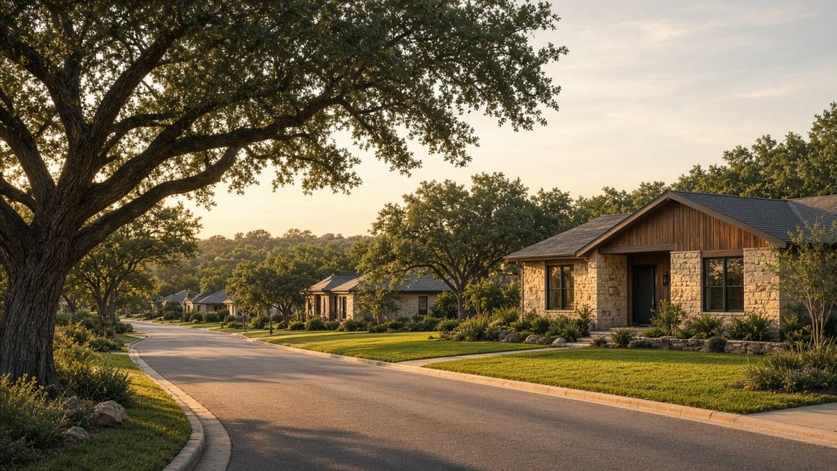 Quiet residential street in Southwest Austin near Circle C Ranch with limestone homes and live oaks