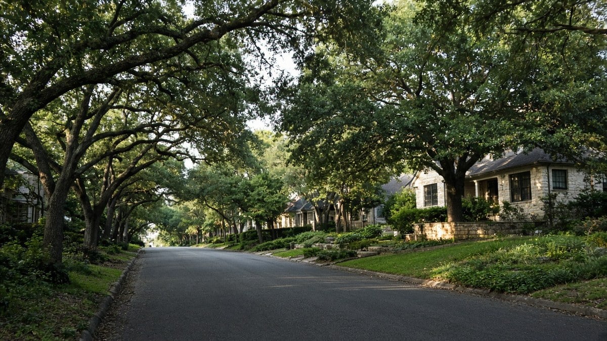 Tree-lined residential street in Rollingwood Austin with mature oaks and limestone homes