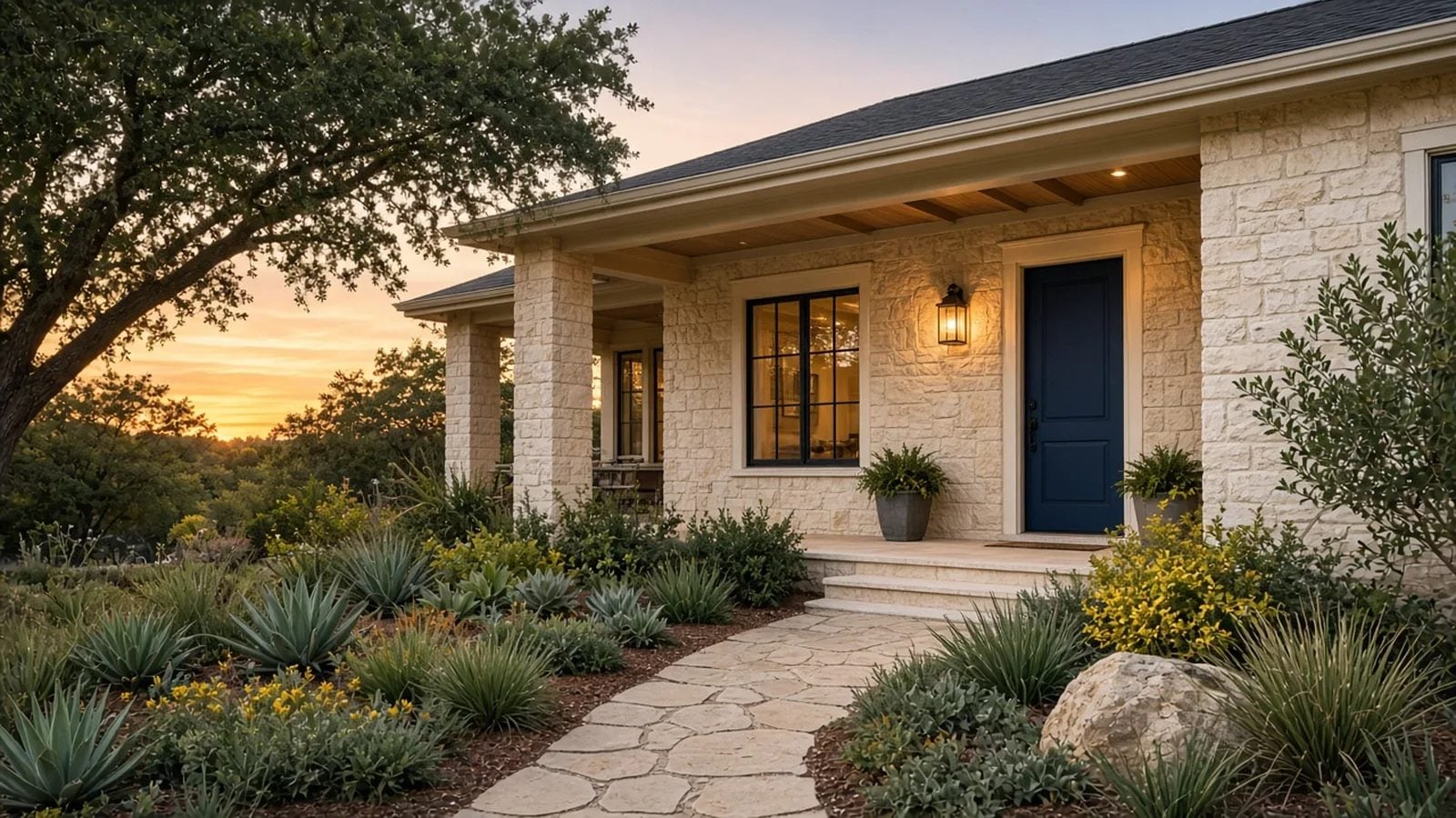 Austin TX limestone home at sunset, selling with a cash offer or a listing