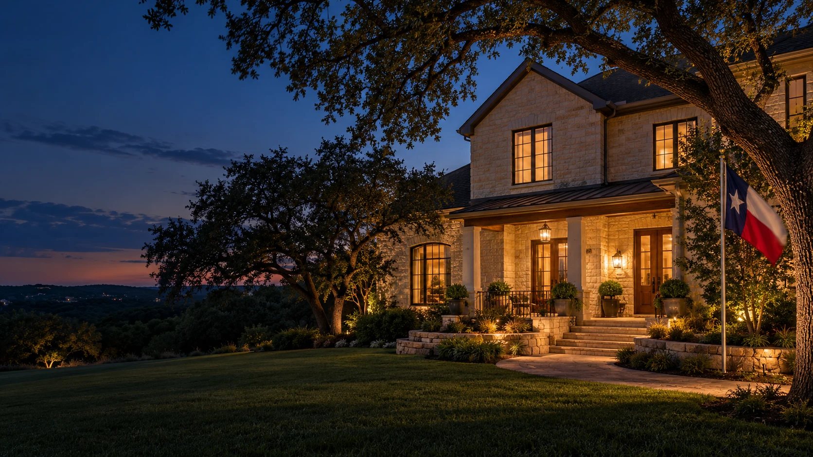 Texas limestone home at dusk