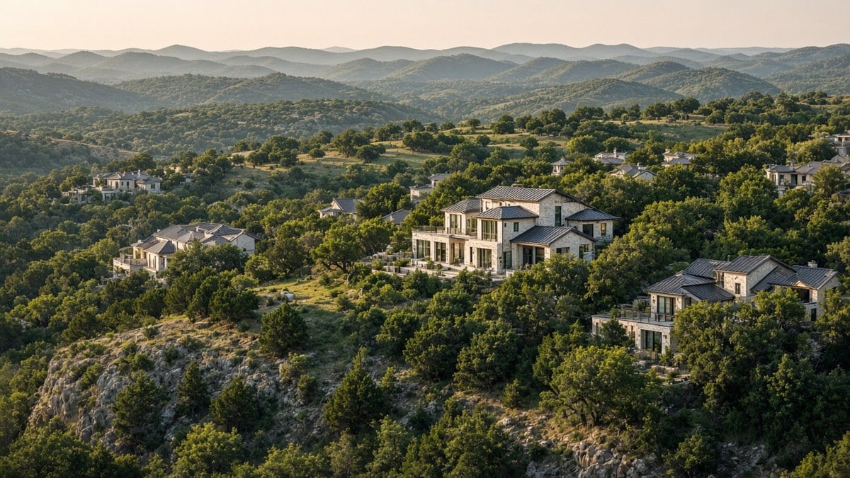 Hillside limestone homes among oaks in West Lake Hills Austin Texas Hill Country