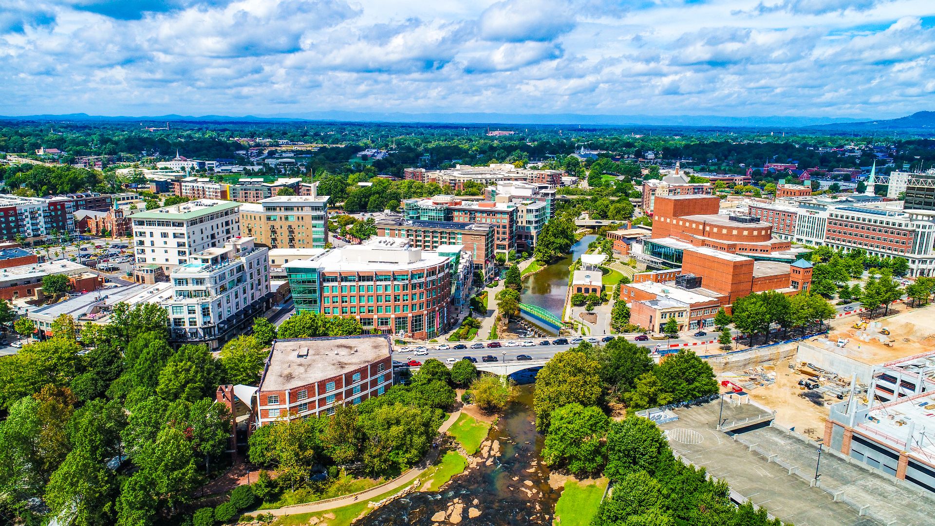 Drone Aerial of River Place and Reedy River in Greenville, South Carolina, USA.