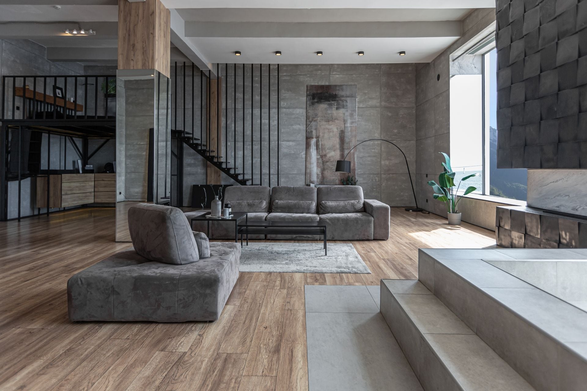 stylish minimalistic restrained modern interior of the apartment, a spacious room with a swimming pool, large panoramic windows overlooking the mountains. without people in the daytime (1)