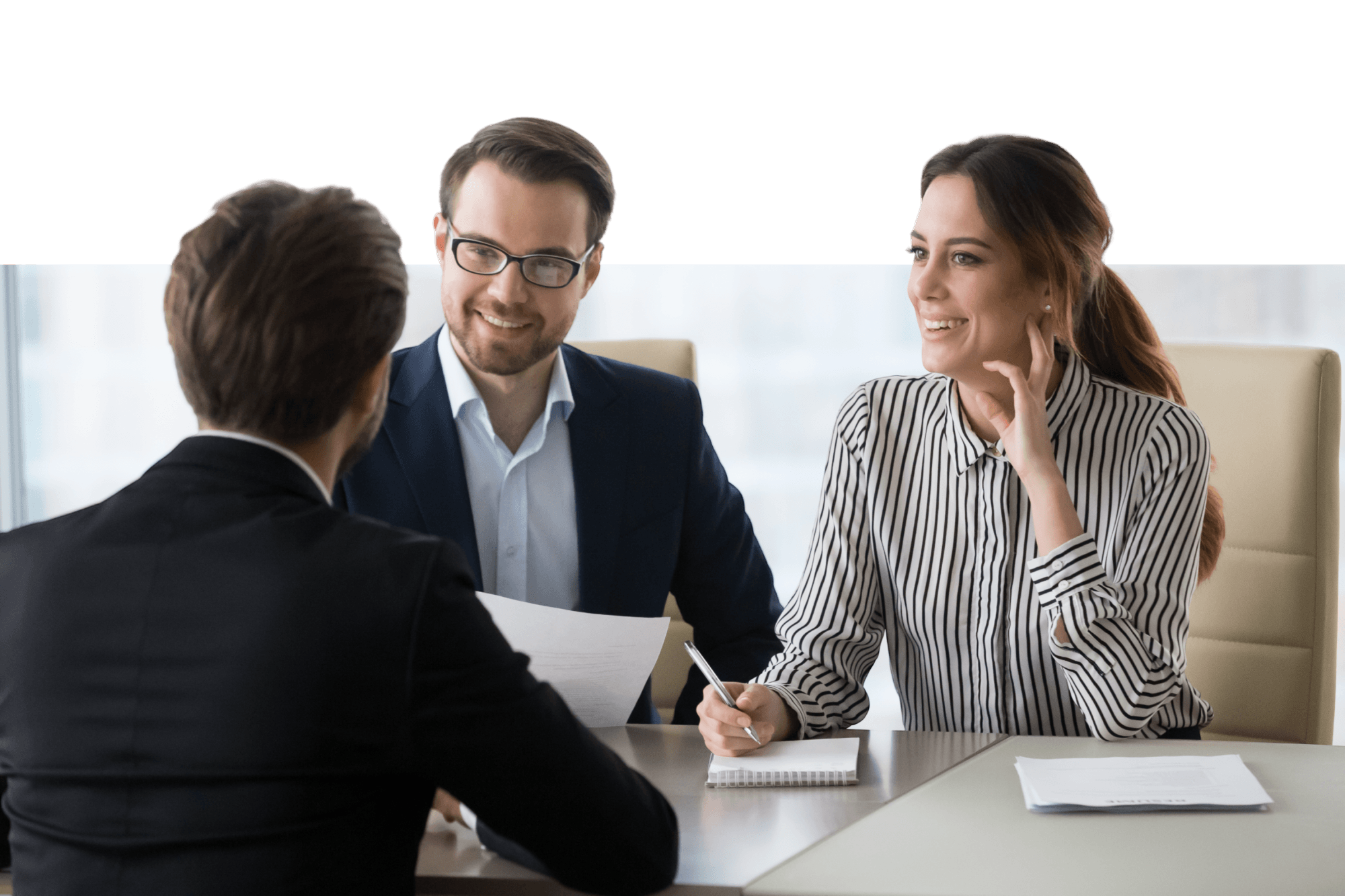 Smiling diverse HR managers satisfied about male job employee, have positive first impression of candidate, happy employers listen to applicant at interview excited of candidature.