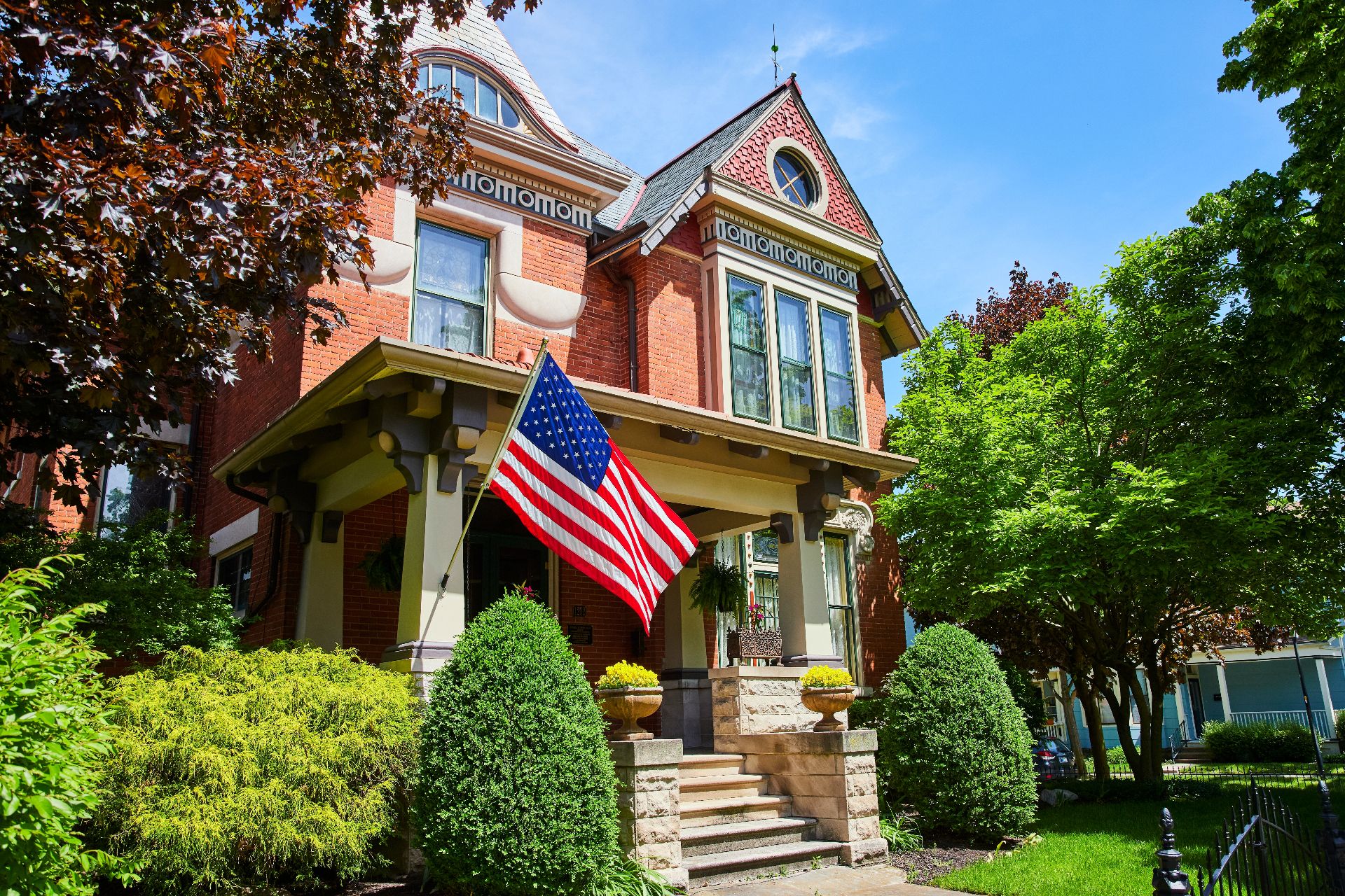 Traditional American Home with Flag, Suburban Indiana, Eye-Level View