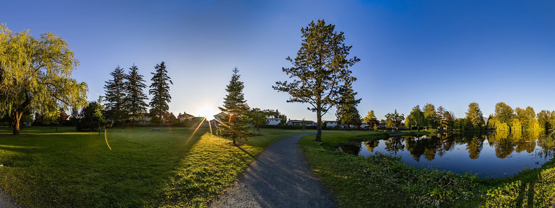 Small lake in a city park. Sunny Sunset. Chilliwack, BC, Canada. Panorama (1)