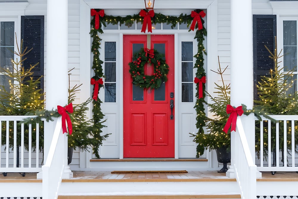Charming Home Exterior with Festive Christmas Decorations Adorning the Front Door and Porch Railings