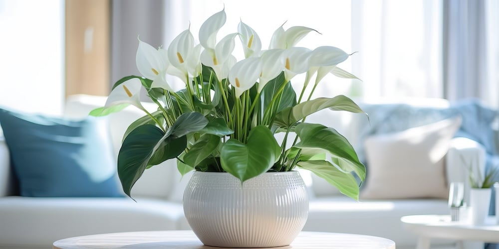 Portrait vase of anthurium on the table with sun exposure