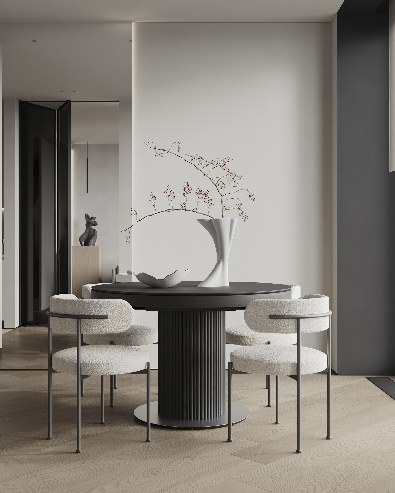 Modern,Minimalist,Dining,Area,With,Round,Table,And,Neutral,Tones,