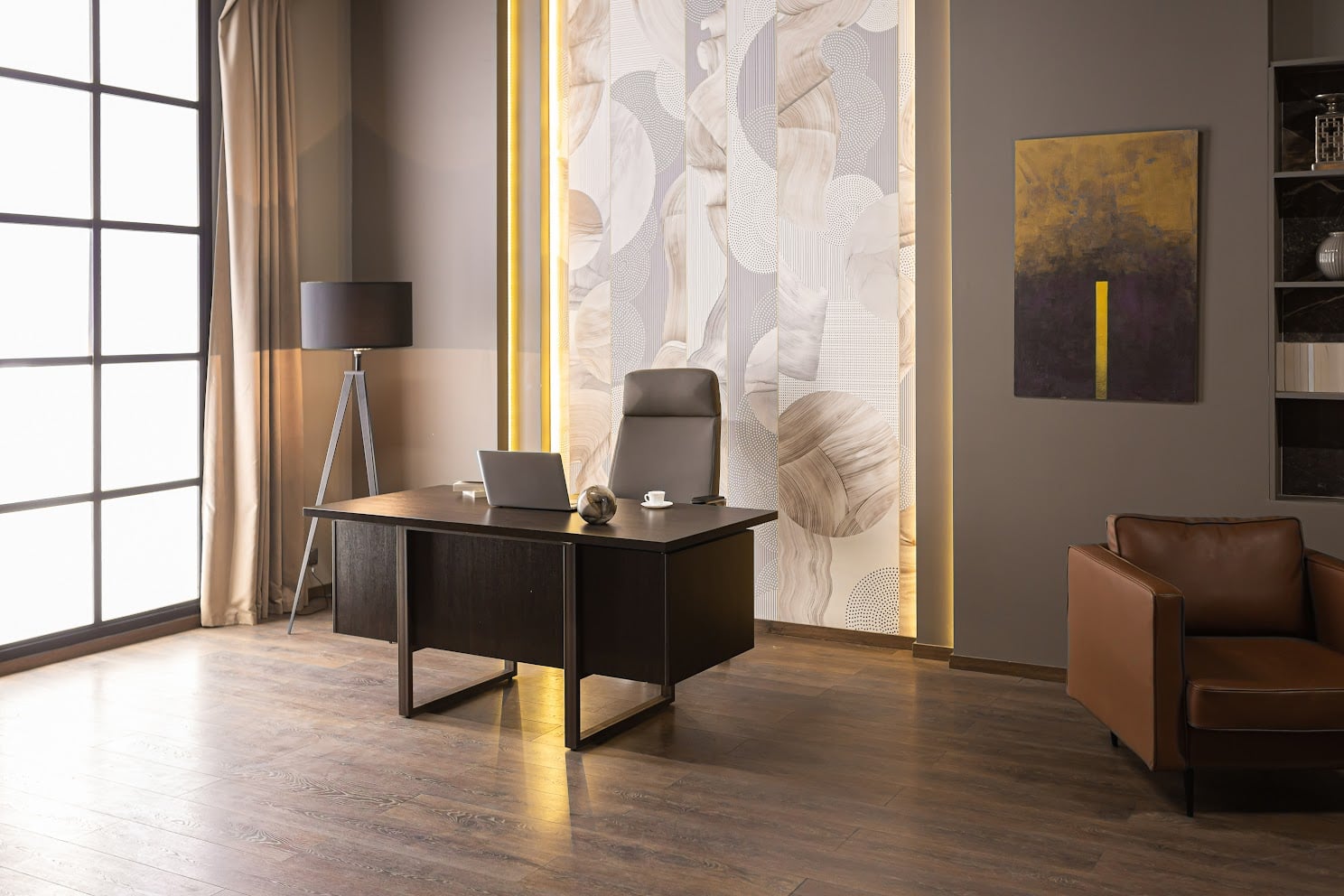 stylish luxury home office interior in an ultramodern brutal apartment in dark colors and cool led lighting