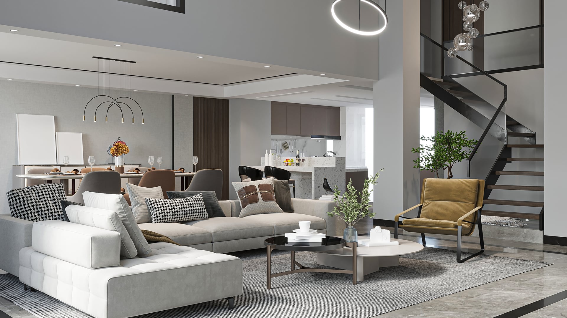 Modern-Open-Plan-Living-Room-with-Double-Height-Ceiling-and-Dramatic-Staircase