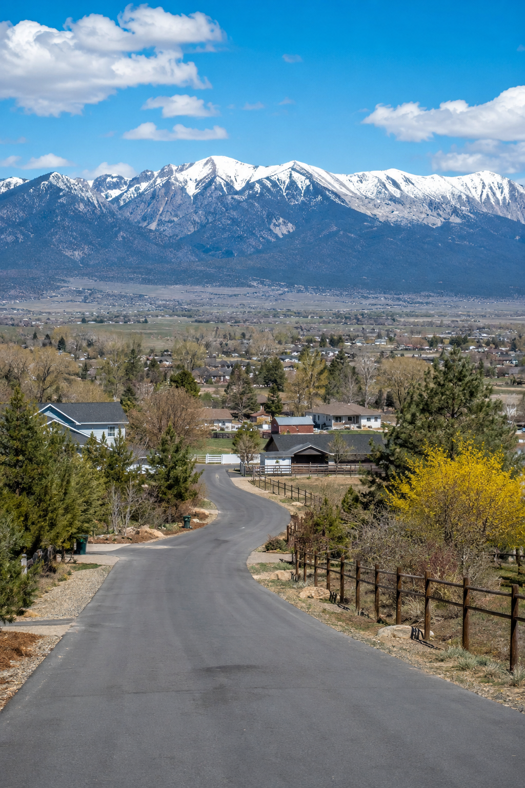 Homes and open residential landscape in Gardnerville Ranchos, Nevada, with the Sierra Nevada mountains beyond