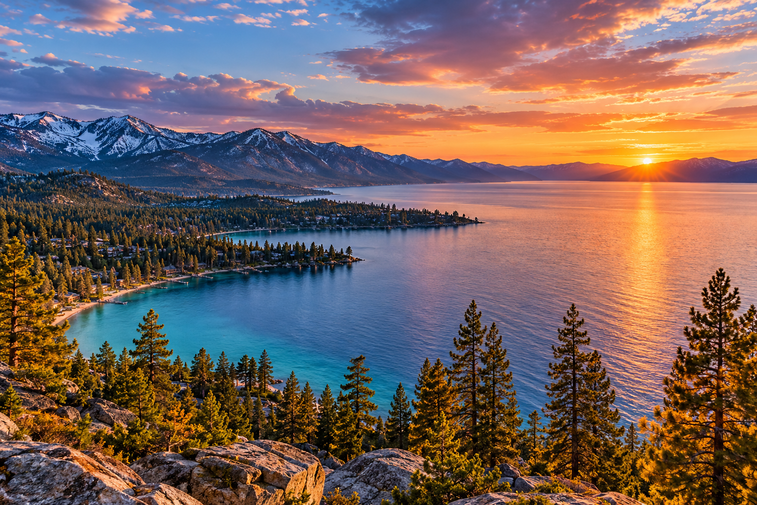 Panoramic Lake Tahoe sunset illustrating the California and Nevada shorelines, with turquoise water, pine forests, and Sierra Nevada mountains. Copy