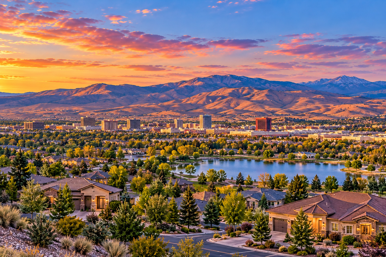 Sparks, Nevada, with residential neighborhoods, homes, a lake, and surrounding high-desert mountains at sunset.