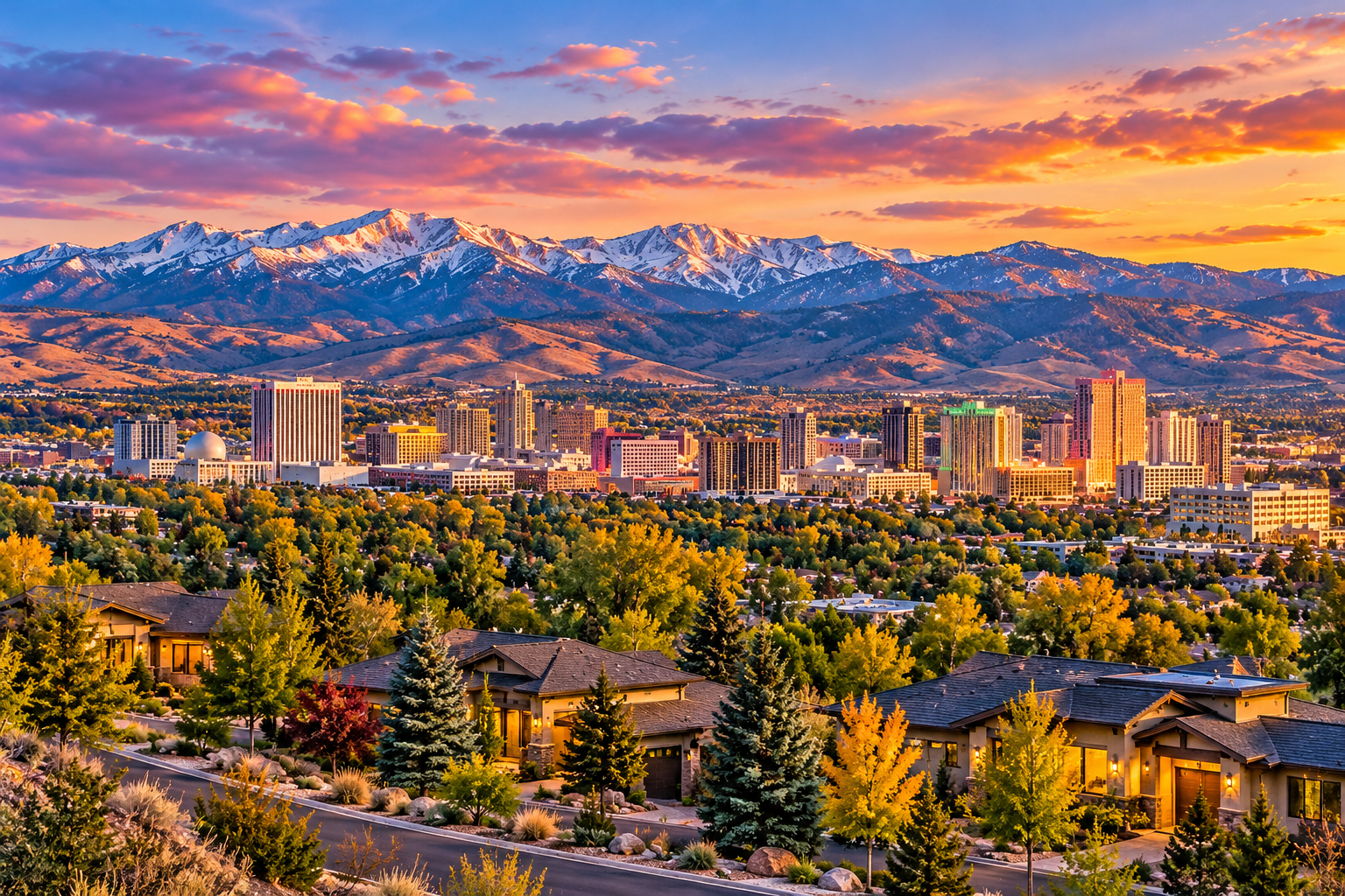 Reno, Nevada, featuring residential neighborhoods, downtown Reno, luxury homes, and the Sierra Nevada mountains at sunset.