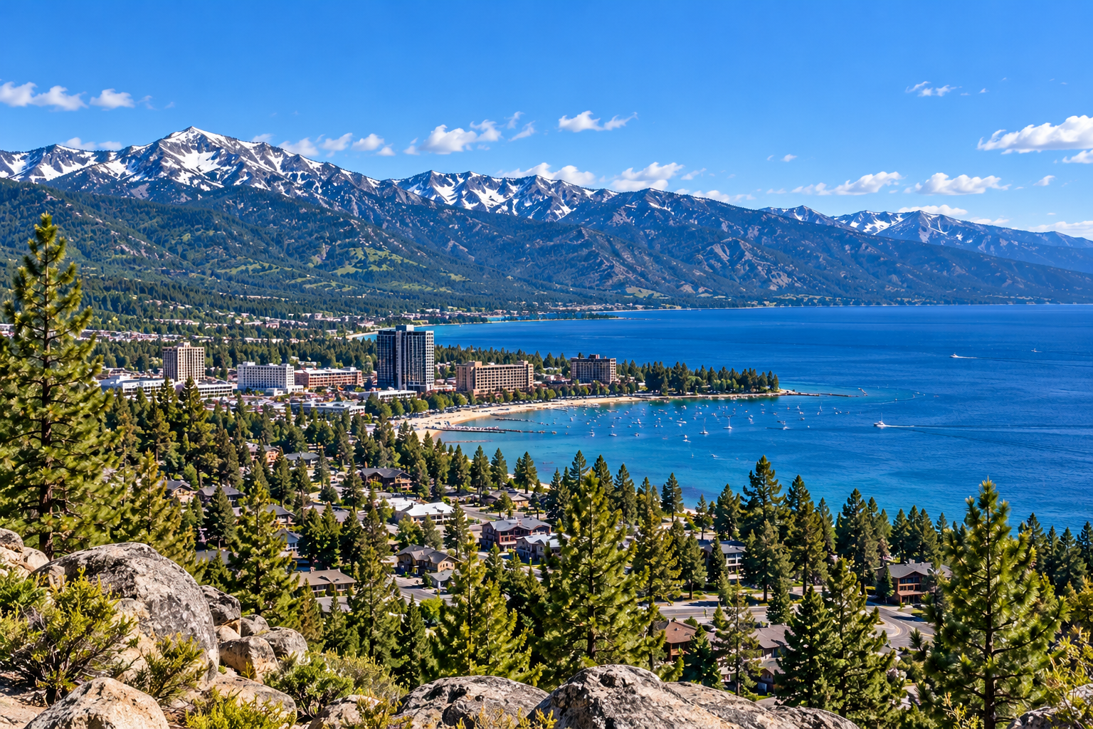 South Lake Tahoe with Lake Tahoe's blue waters, forested residential neighborhoods, shoreline buildings, and Sierra Nevada mountains.
