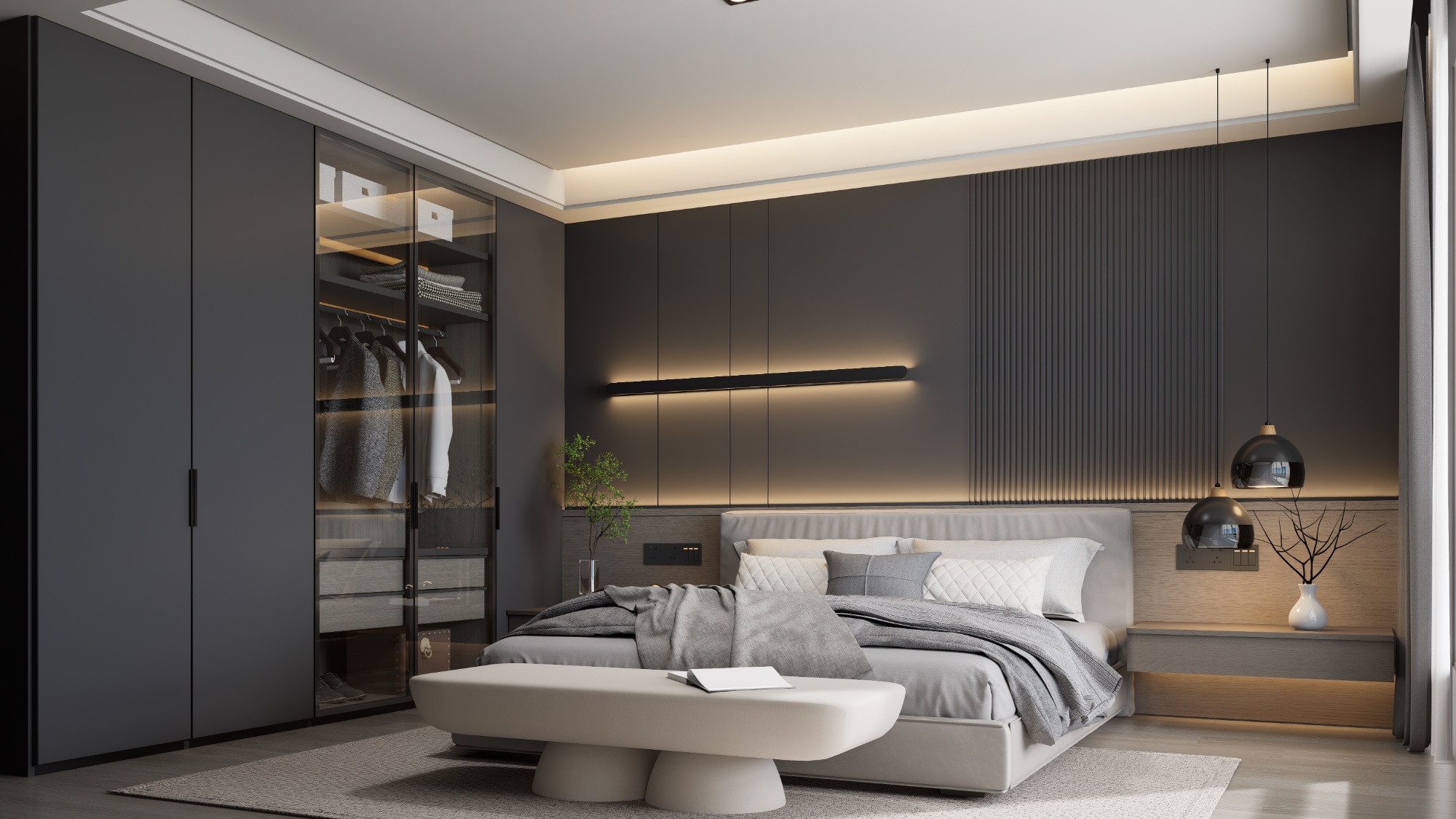 A modern bedroom featuring sleek furniture, neutral tones, and stylish lighting, creating a serene and sophisticated atmosphere. 3d rendering