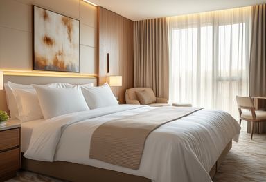 A,Modern,And,Cozy,Hotel,Room,Featuring,A,Large,Bed