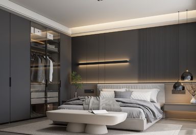 A,Modern,Bedroom,Featuring,Sleek,Furniture,,Neutral,Tones,,And,Stylish