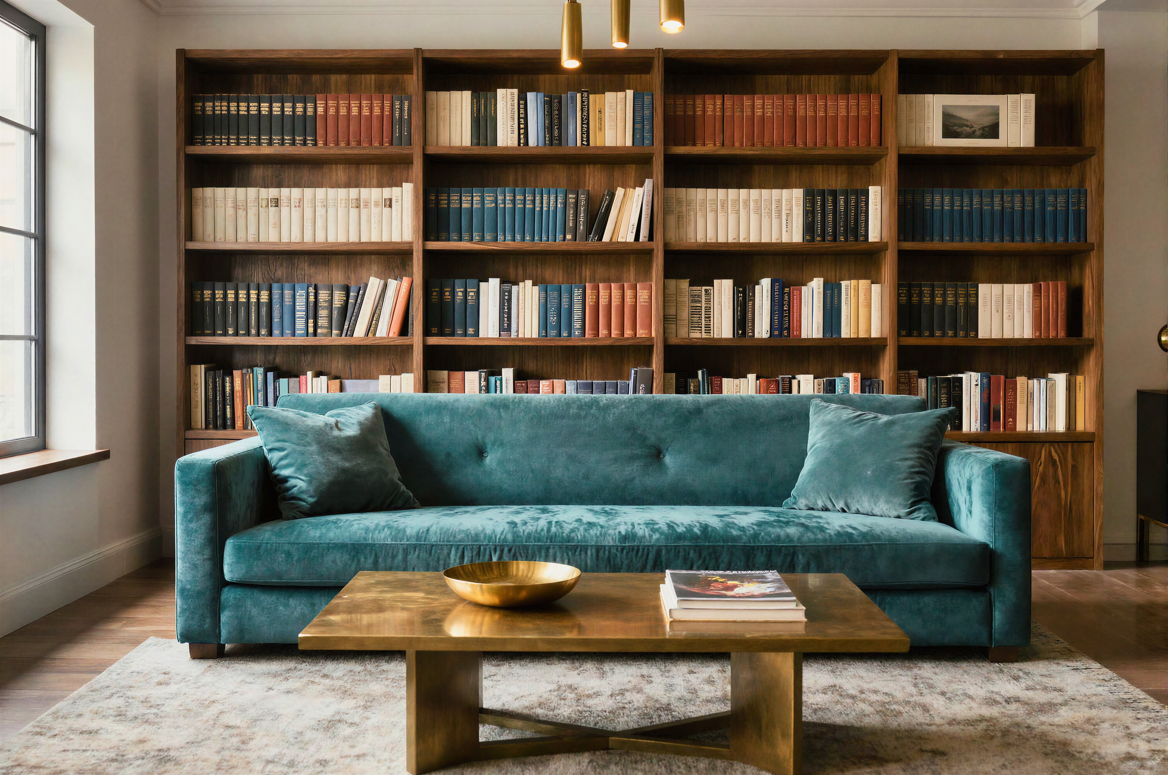 A teal velvet sofa in a library room with a wooden bookshelf filled with books, a wooden coffee table with a bowl and magazines, and a large window.
