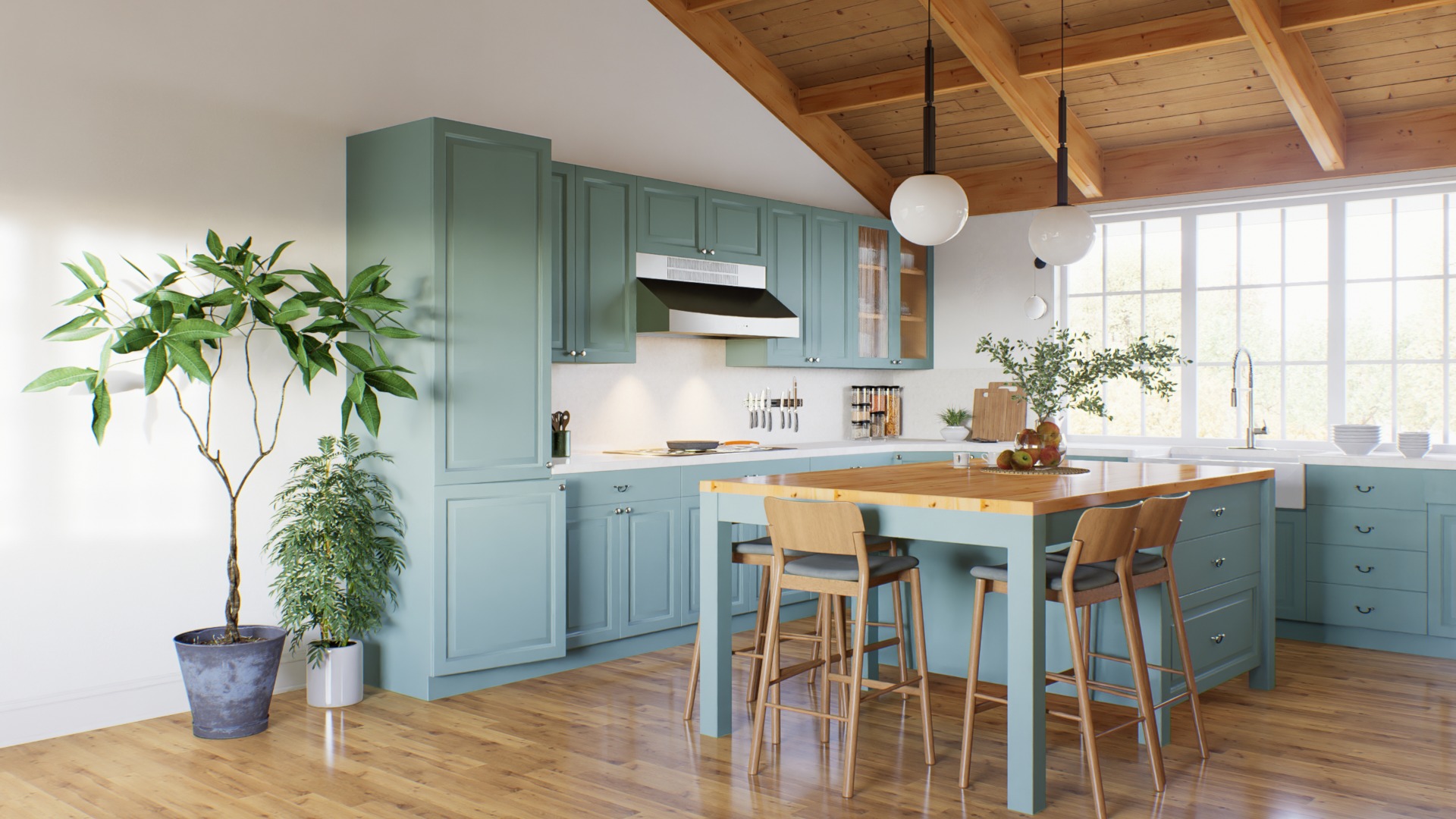 Large U-shaped green kitchen with island and wooden countertop.
