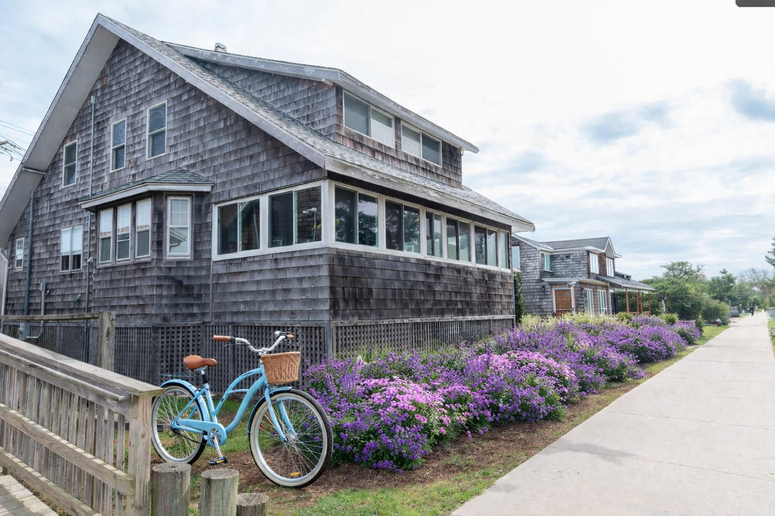 Coastal house with purple garden and bike (2)