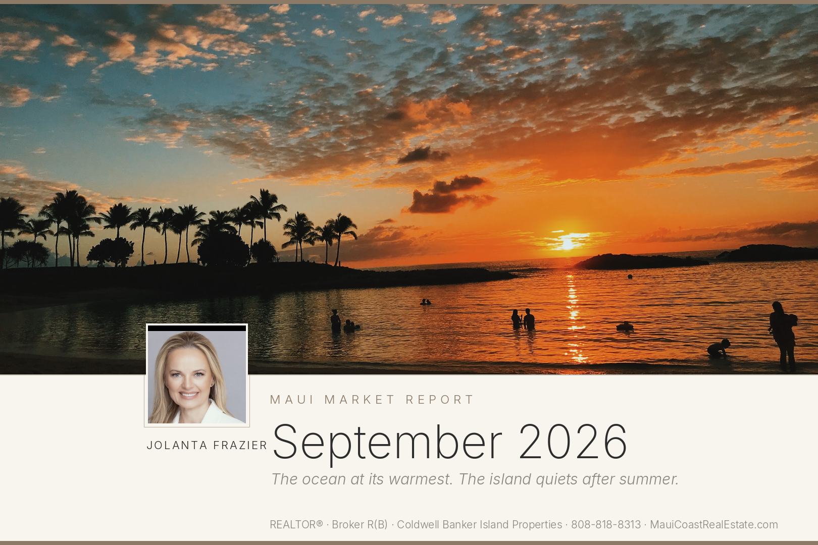 Maui Market Report September 2026 cover — sunset over a calm shoreline lagoon with palm trees and people in the water