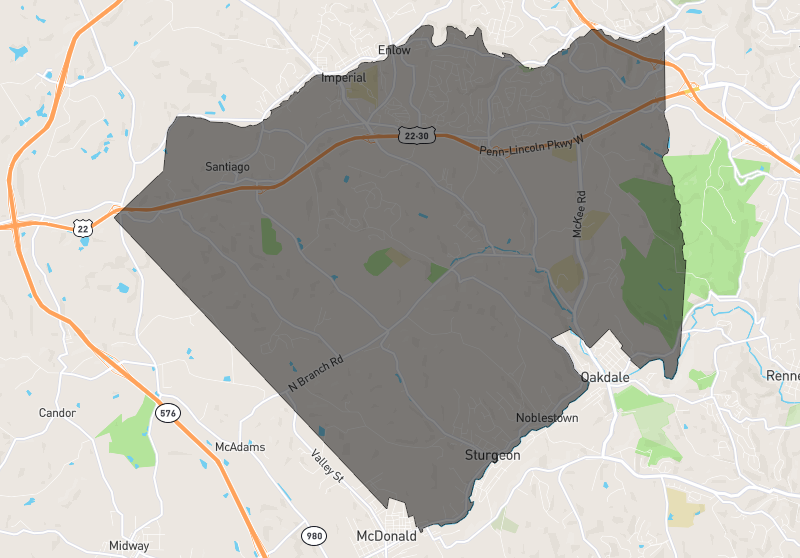 Map highlighting North Fayette Township west of Pittsburgh