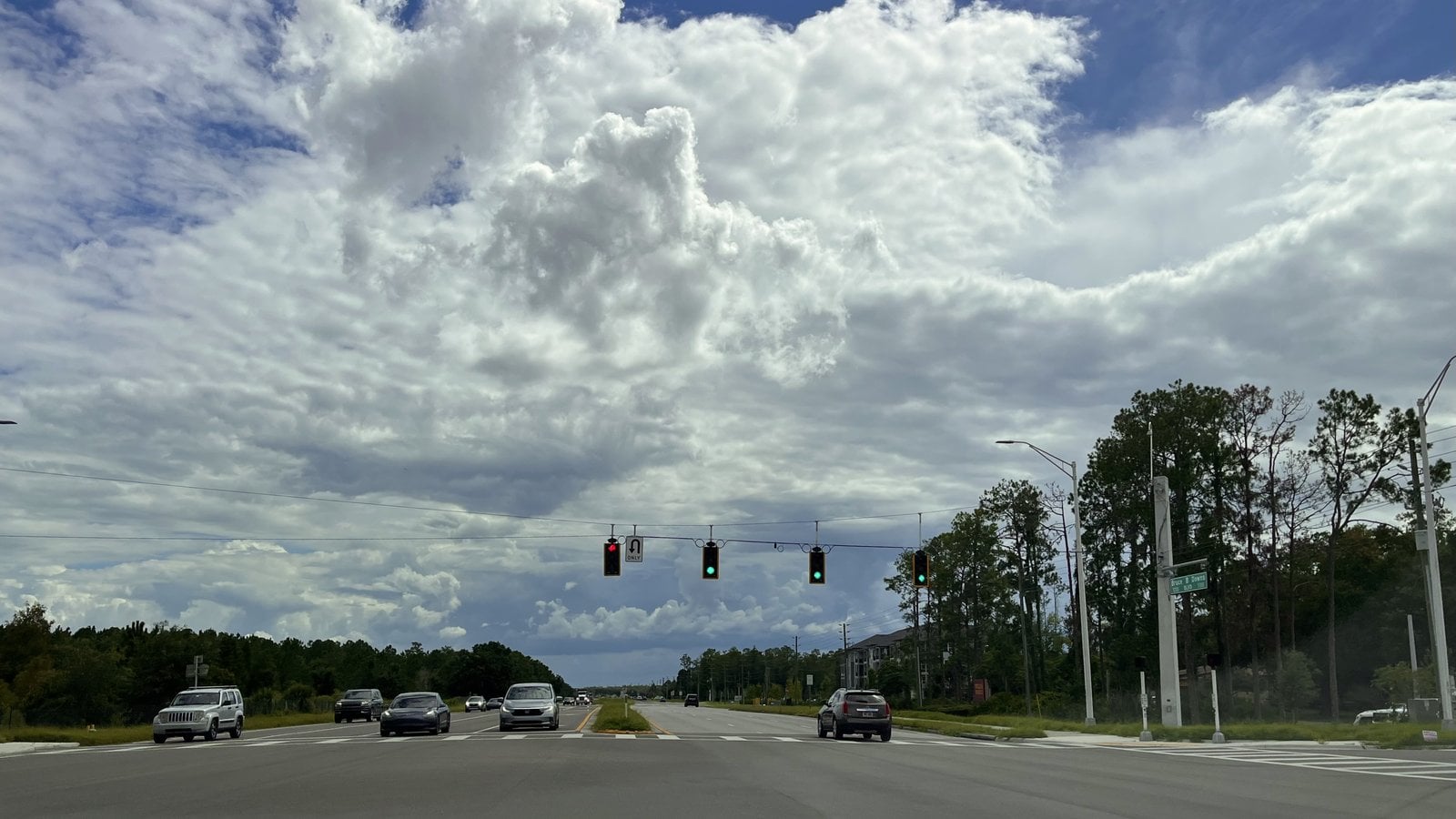 Tree-lined road and new development under a big Florida sky in Wesley Chapel, FL