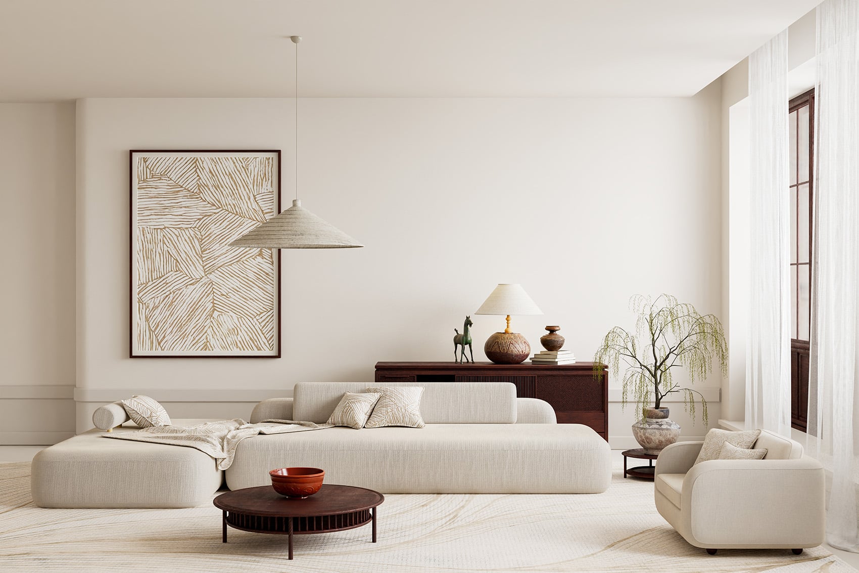 Bright,Scandinavian,Interior,Featuring,Textured,Art,,Wooden,Furniture,,Organic,Silhouettes
