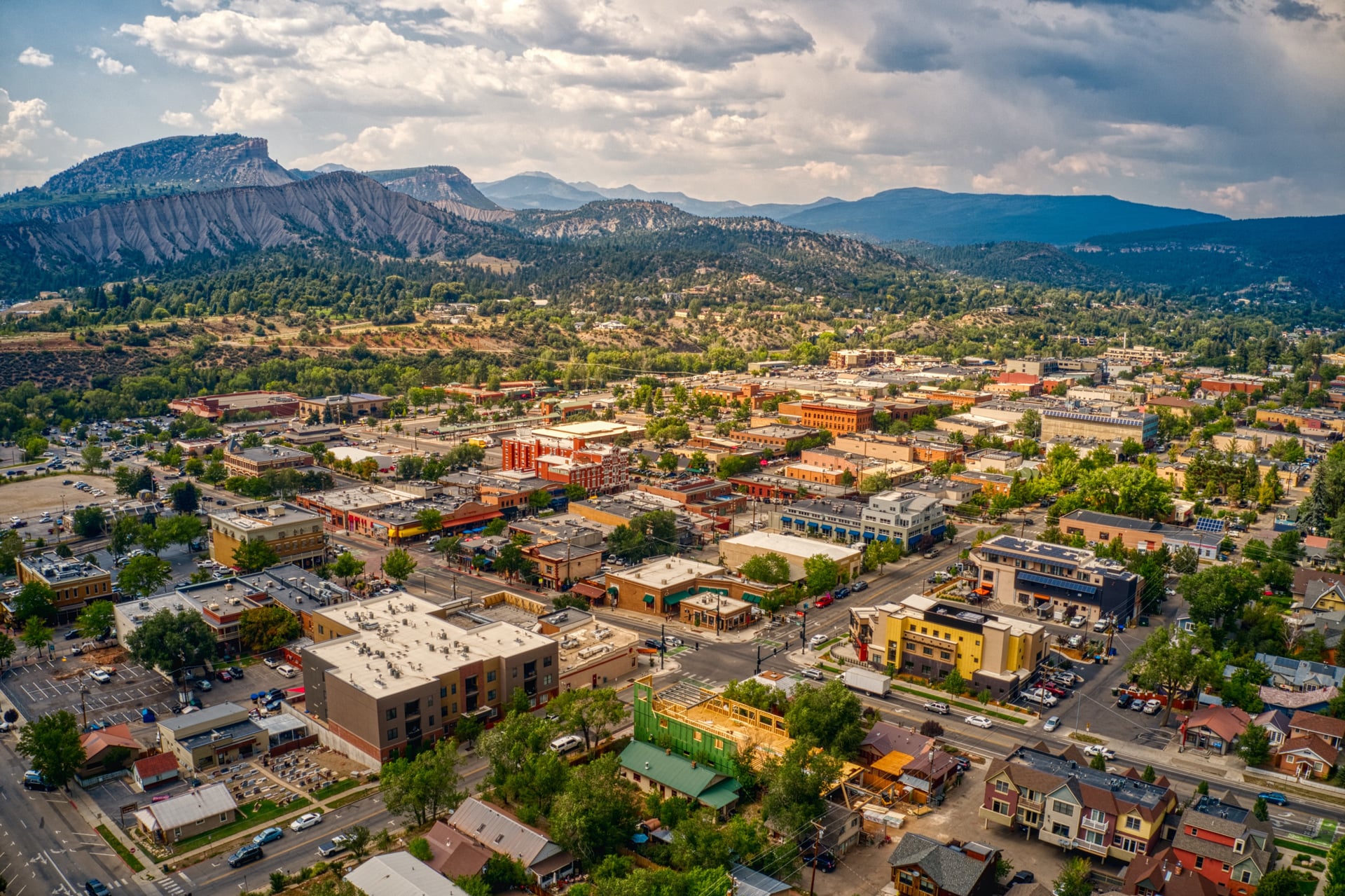 Aerial-View-of-Durango,-Colorado-in-Summer