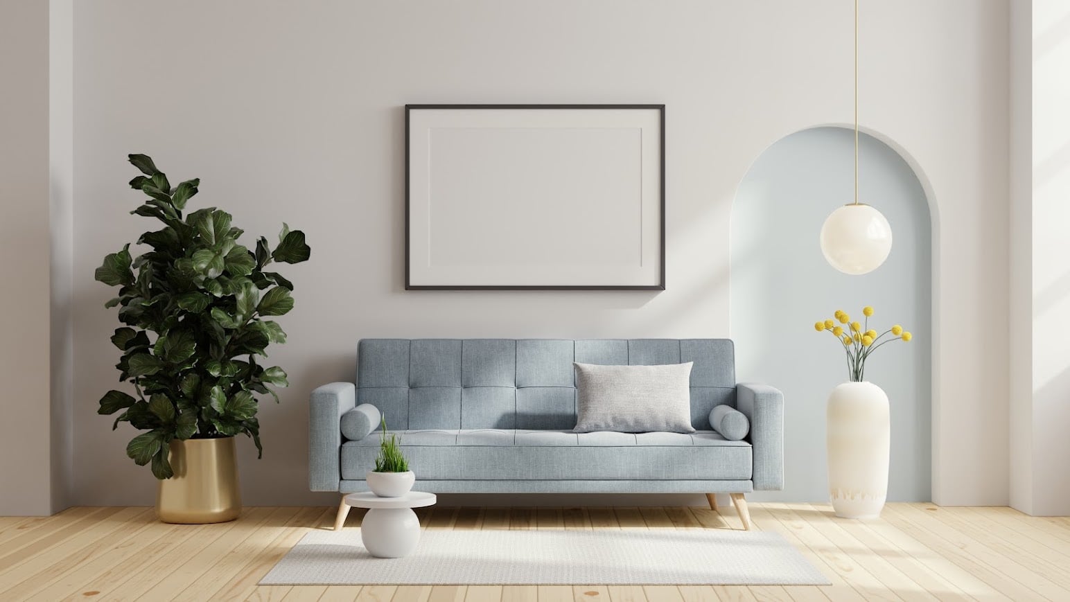 Poster frame mock up with blue sofa and decor in living room.3D rendering