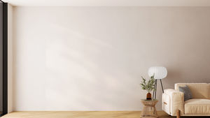 Living room interior wall mockup in warm tones with beige sofa