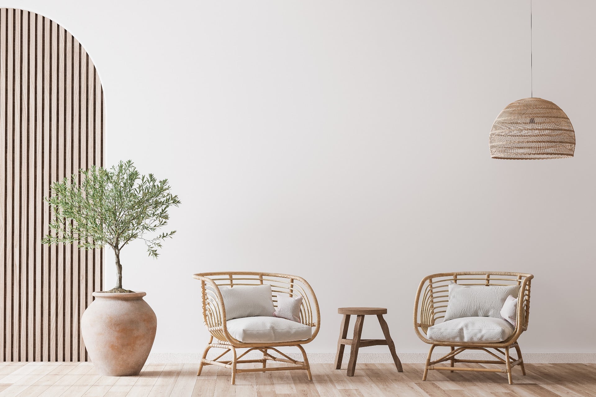 Boho-cozy-living-room-design-bright-wall-mockup-3d-render-3d-illustration